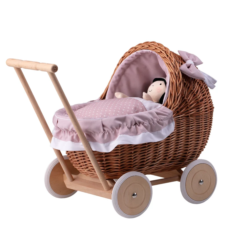 Lili wicker doll stroller with pink trim, blanket, and pillow TheWickerStories