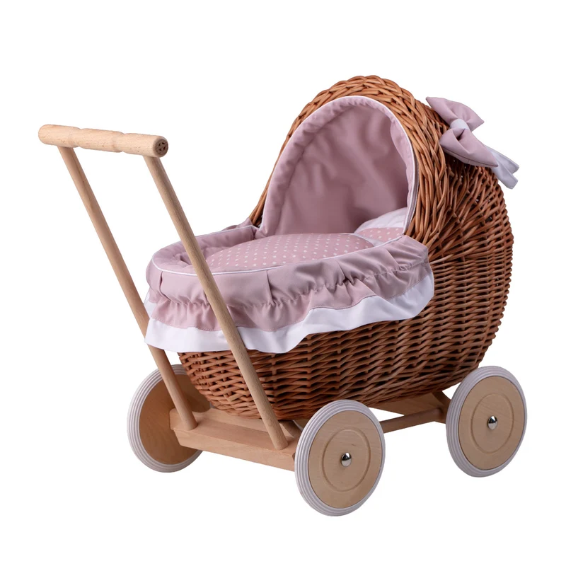Lili wicker doll stroller with pink trim, blanket, and pillow TheWickerStories