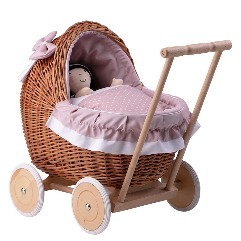 Lili wicker doll stroller with pink trim, blanket, and pillow TheWickerStories