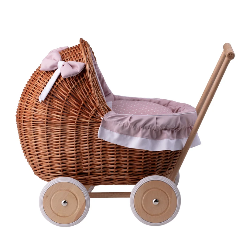 Lili wicker doll stroller with pink trim, blanket, and pillow TheWickerStories