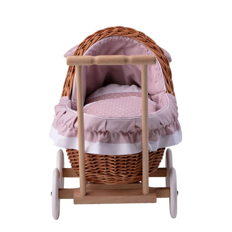 Lili wicker doll stroller with pink trim, blanket, and pillow TheWickerStories