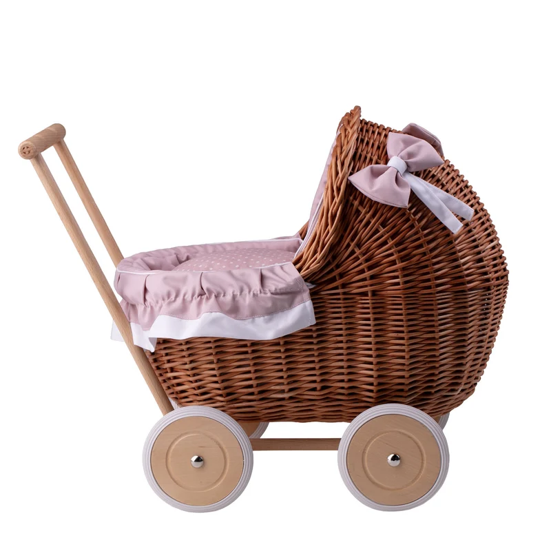 Lili wicker doll stroller with pink trim, blanket, and pillow TheWickerStories
