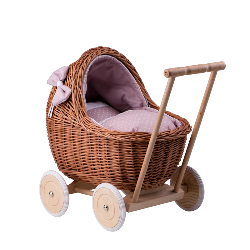 Lili wicker doll stroller with pink trim, blanket, and pillow TheWickerStories