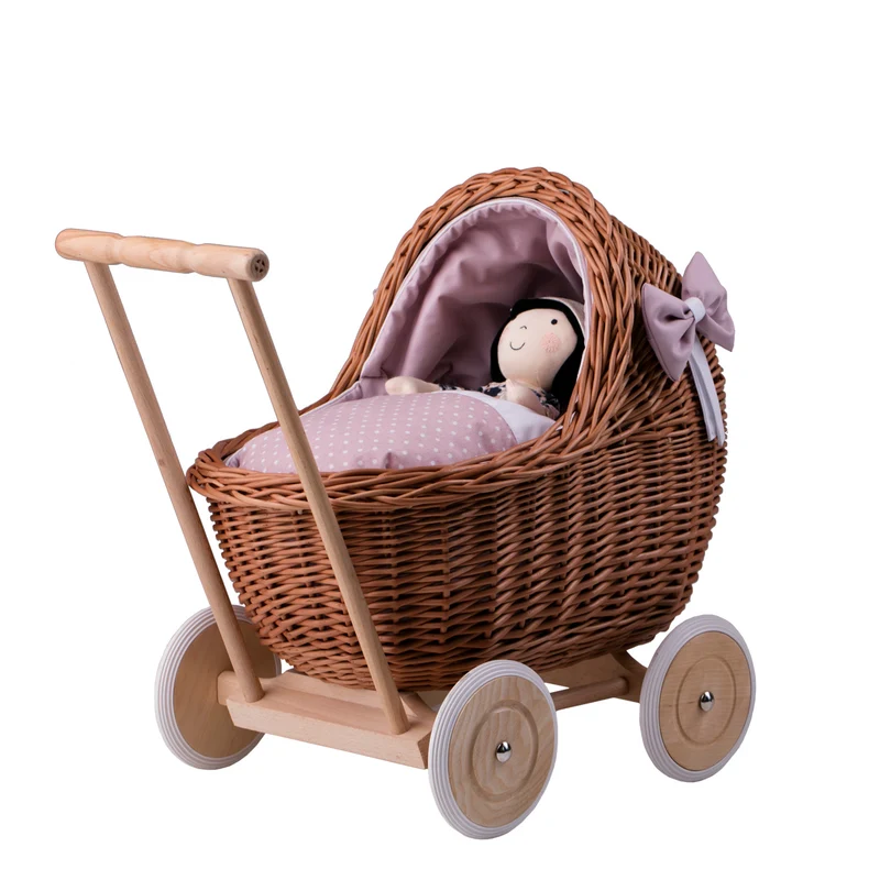 Lili wicker doll stroller with pink trim, blanket, and pillow TheWickerStories
