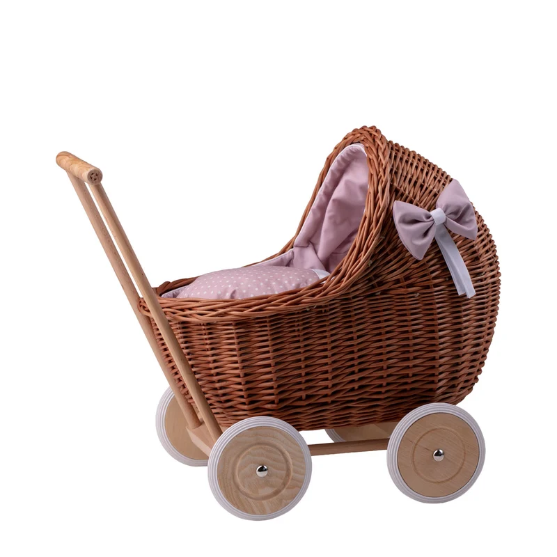 Lili wicker doll stroller with pink trim, blanket, and pillow TheWickerStories