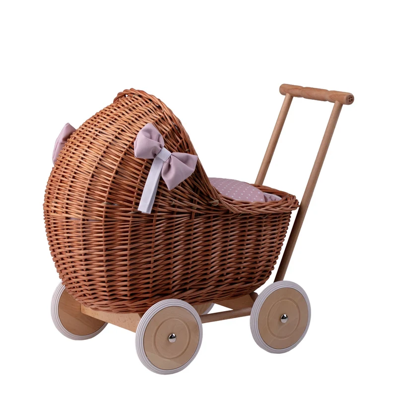 Lili wicker doll stroller with pink trim, blanket, and pillow TheWickerStories