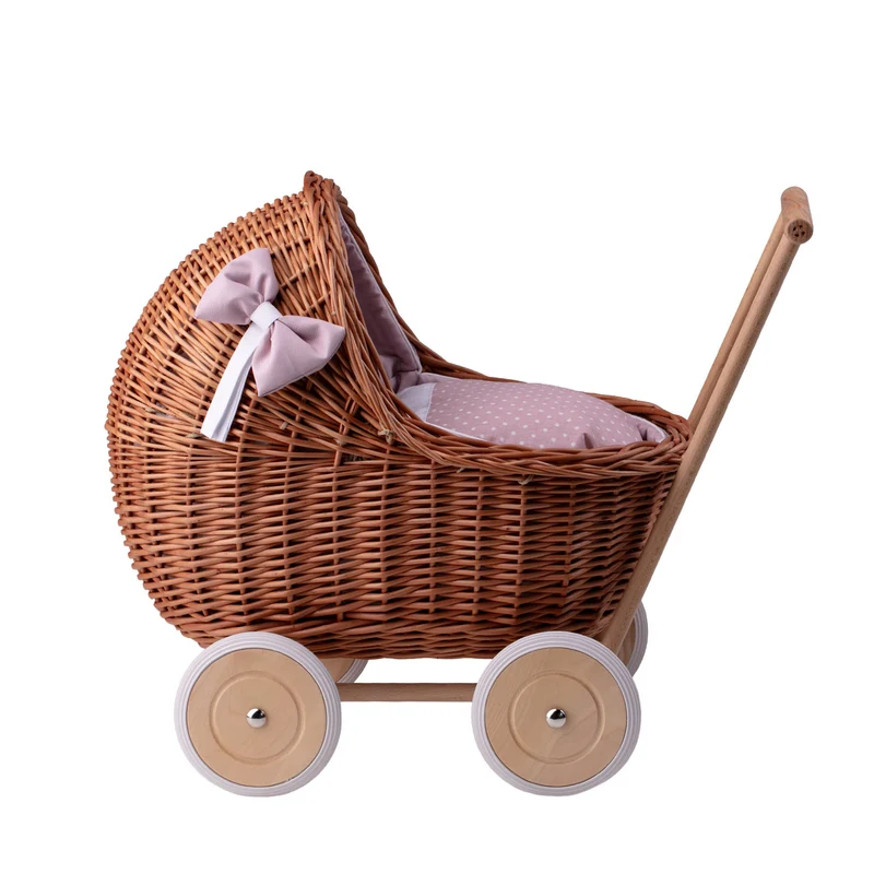 Lili wicker doll stroller with pink trim, blanket, and pillow TheWickerStories