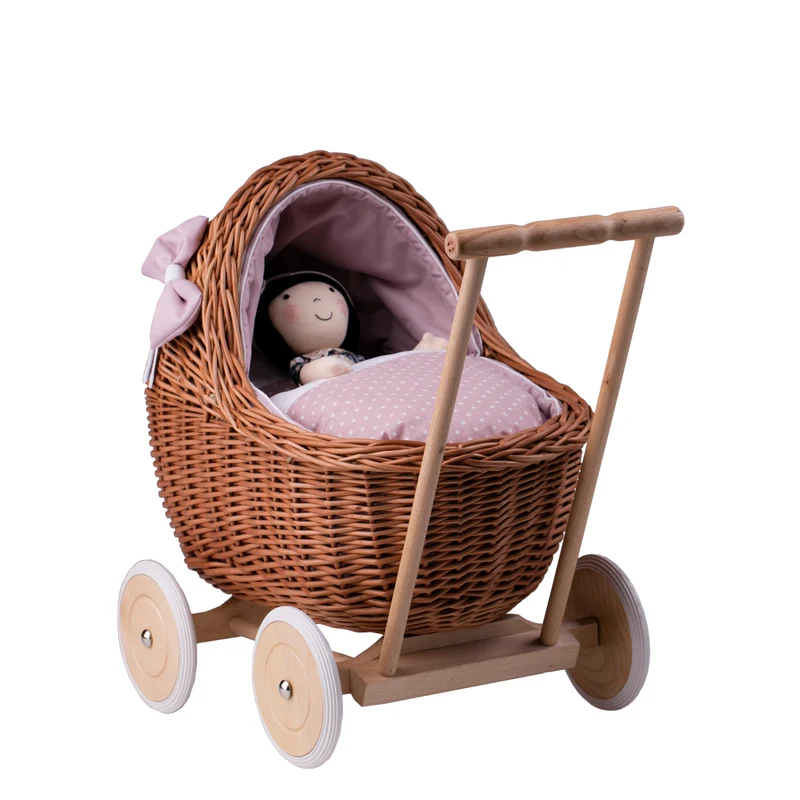 Lili wicker doll stroller with pink trim, blanket, and pillow TheWickerStories
