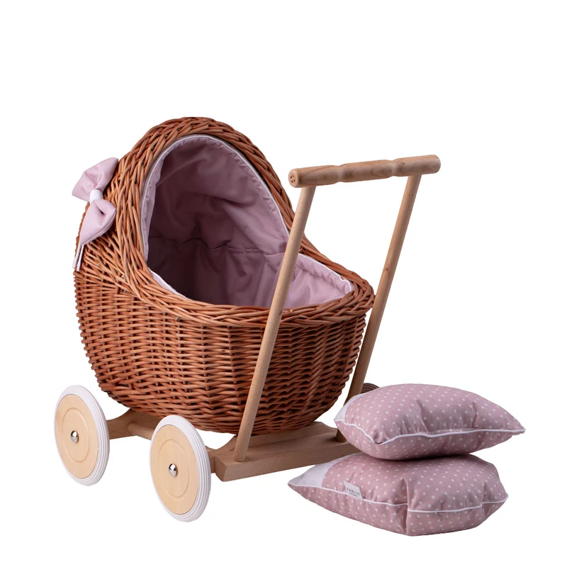 Lili wicker doll stroller with pink trim, blanket, and pillow TheWickerStories