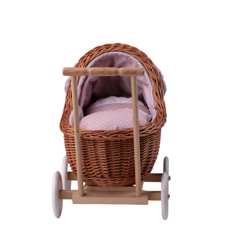 Lili wicker doll stroller with pink trim, blanket, and pillow TheWickerStories