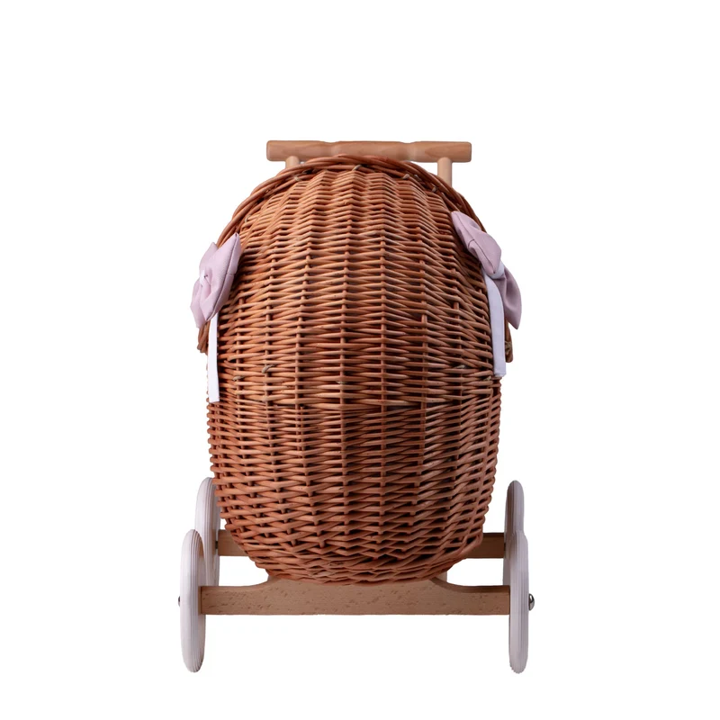 Lili wicker doll stroller with pink trim, blanket, and pillow TheWickerStories