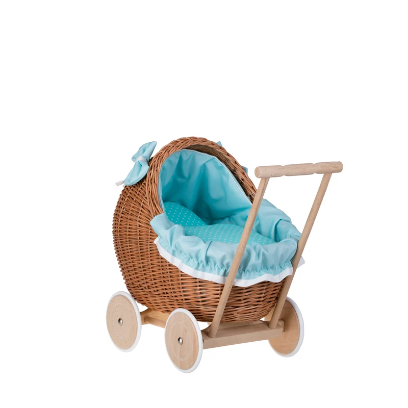 Lili wicker doll stroller with mint trim, blanket, and pillow TheWickerStories