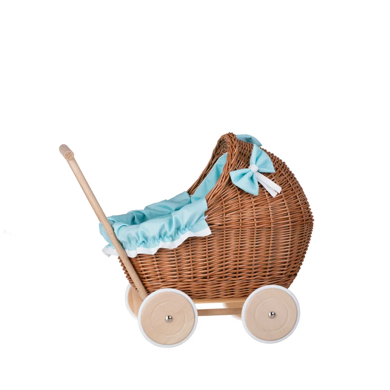 Lili wicker doll stroller with mint trim, blanket, and pillow TheWickerStories