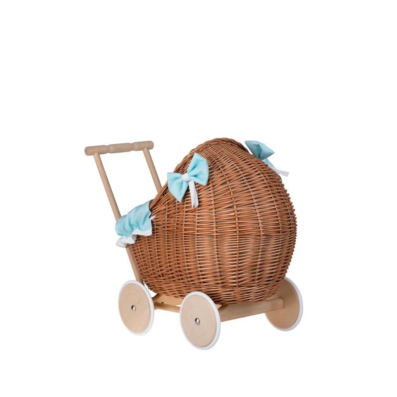Lili wicker doll stroller with mint trim, blanket, and pillow TheWickerStories