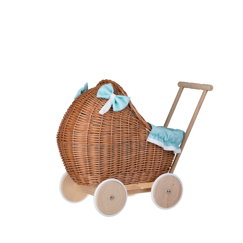 Lili wicker doll stroller with mint trim, blanket, and pillow TheWickerStories