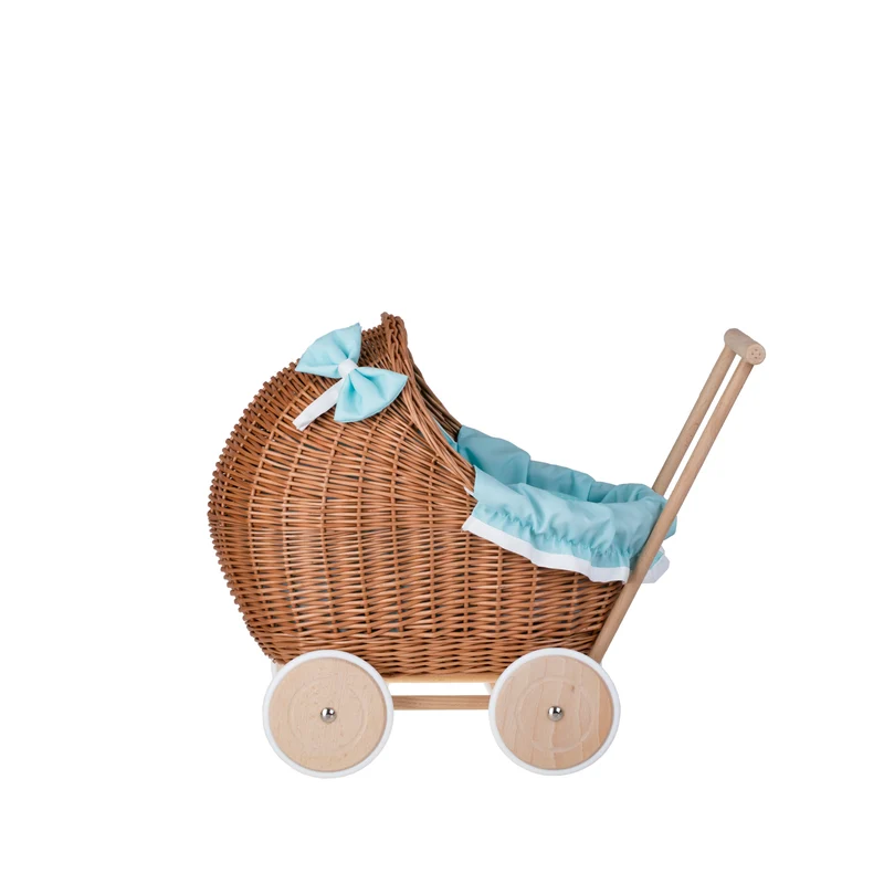 Lili wicker doll stroller with mint trim, blanket, and pillow TheWickerStories