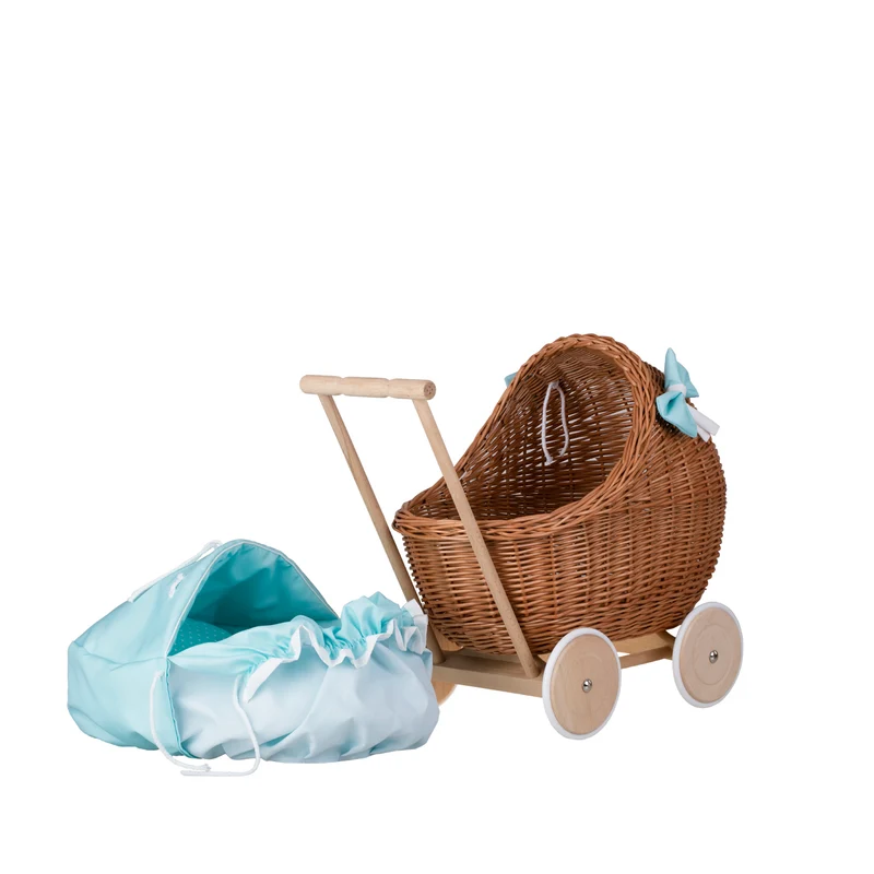 Lili wicker doll stroller with mint trim, blanket, and pillow TheWickerStories