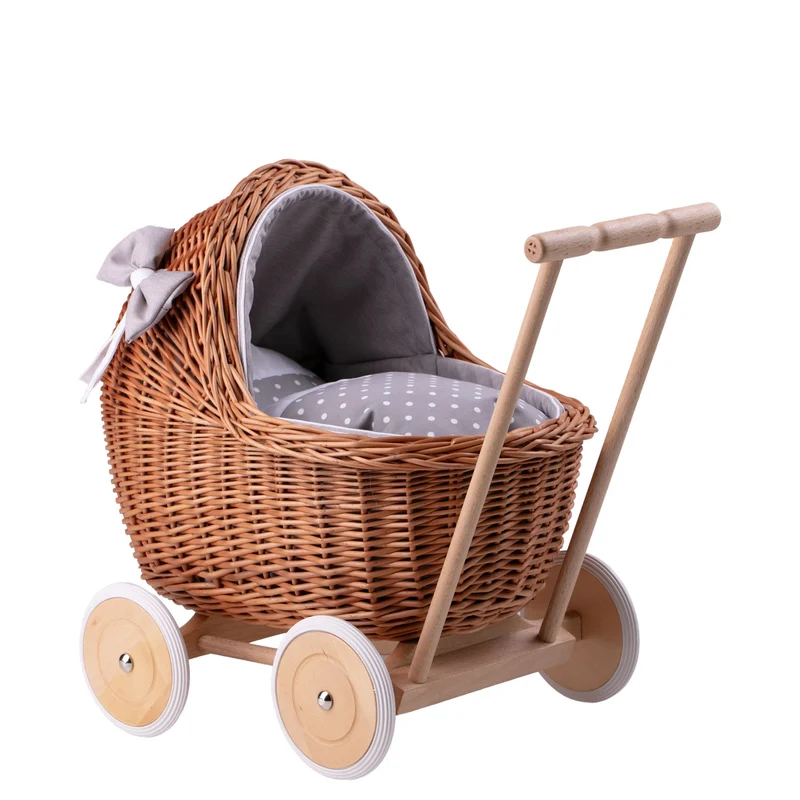 Lili wicker doll stroller with gray trim, blanket, and pillow TheWickerStories