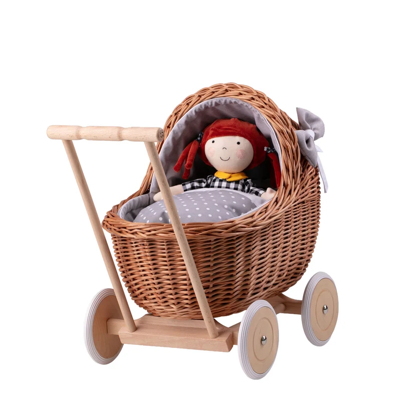 Lili wicker doll stroller with gray trim, blanket, and pillow TheWickerStories