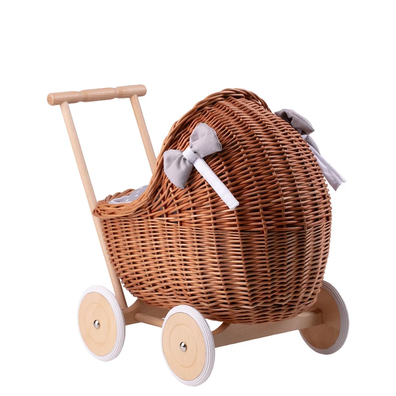 Lili wicker doll stroller with gray trim, blanket, and pillow TheWickerStories