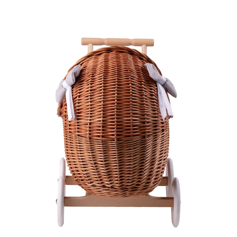 Lili wicker doll stroller with gray trim, blanket, and pillow TheWickerStories