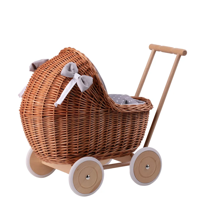 Lili wicker doll stroller with gray trim, blanket, and pillow TheWickerStories