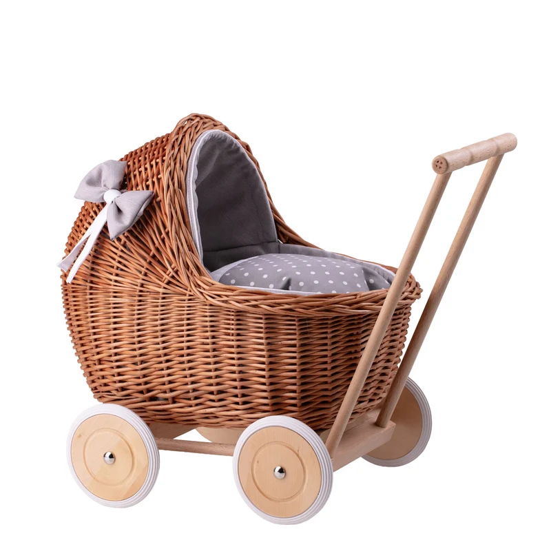 Lili wicker doll stroller with gray trim, blanket, and pillow TheWickerStories
