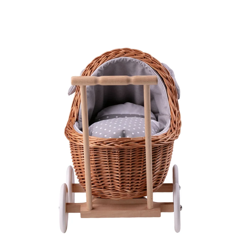 Lili wicker doll stroller with gray trim, blanket, and pillow TheWickerStories