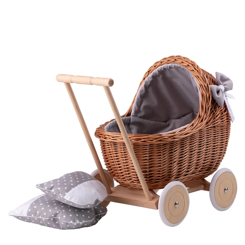 Lili wicker doll stroller with gray trim, blanket, and pillow TheWickerStories