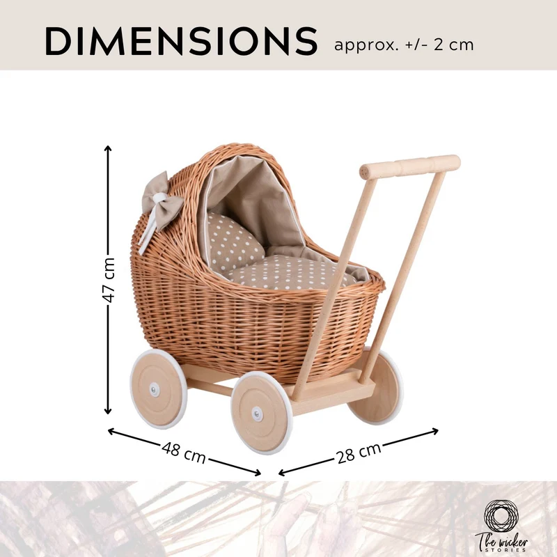 Lili wicker doll pram with bedding, wicker toy for children TheWickerStories