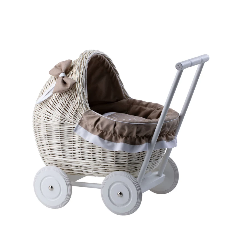 Lili wicker doll stroller with beige trim, blanket, and pillow TheWickerStories