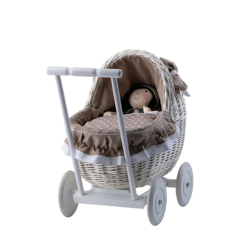 Lili wicker doll stroller with beige trim, blanket, and pillow TheWickerStories