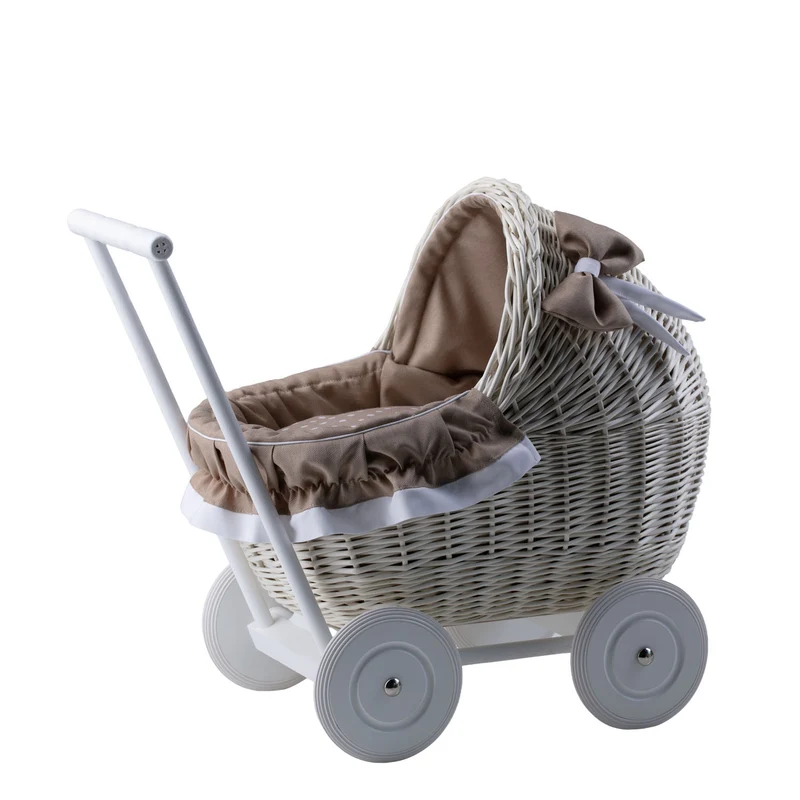 Lili wicker doll stroller with beige trim, blanket, and pillow TheWickerStories