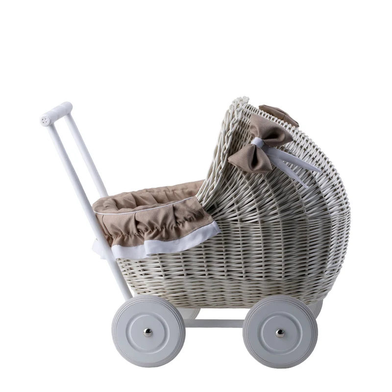 Lili wicker doll stroller with beige trim, blanket, and pillow TheWickerStories