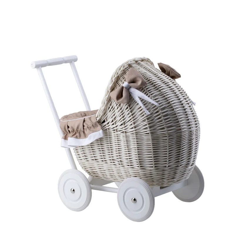 Lili wicker doll stroller with beige trim, blanket, and pillow TheWickerStories
