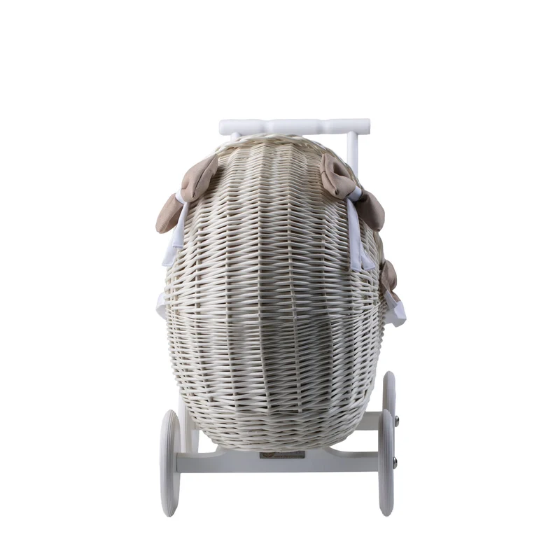 Lili wicker doll stroller with beige trim, blanket, and pillow TheWickerStories