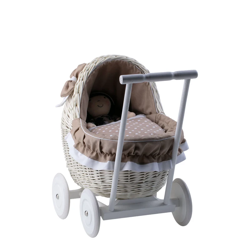 Lili wicker doll stroller with beige trim, blanket, and pillow TheWickerStories