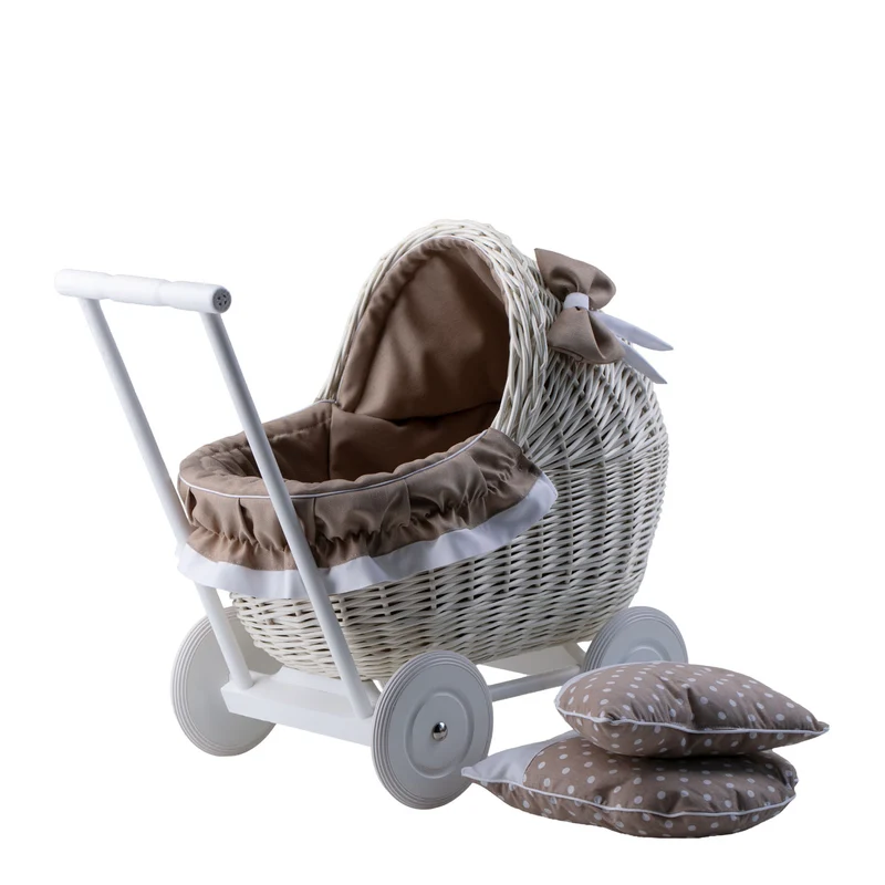 Lili wicker doll stroller with beige trim, blanket, and pillow TheWickerStories