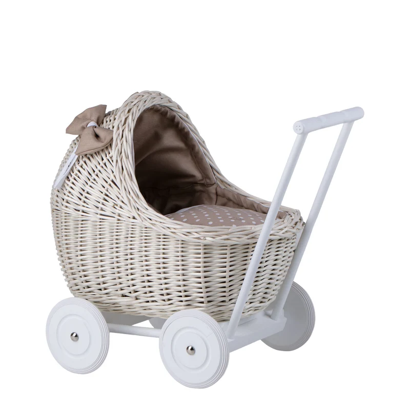 Lili wicker doll stroller with beige trim, blanket, and pillow TheWickerStories