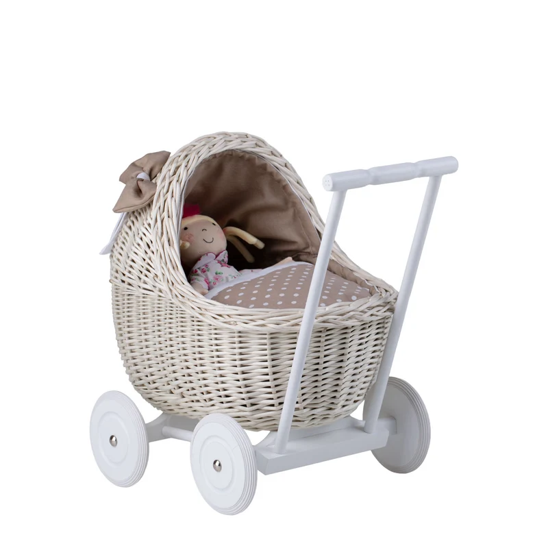 Lili wicker doll stroller with beige trim, blanket, and pillow TheWickerStories