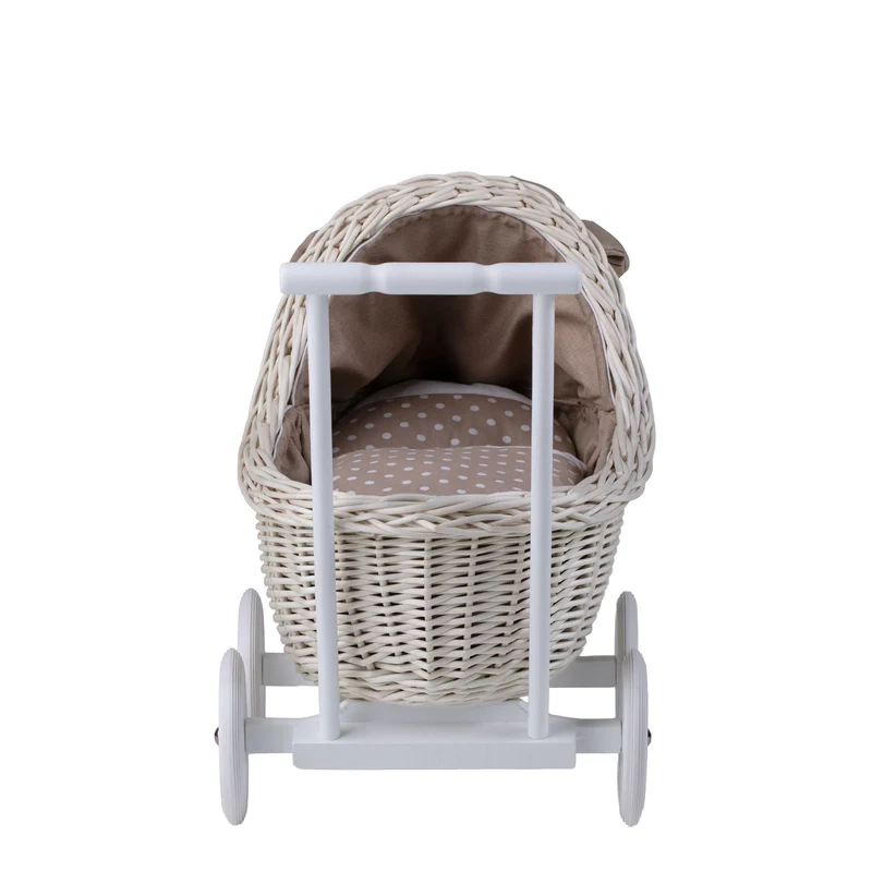 Lili wicker doll stroller with beige trim, blanket, and pillow TheWickerStories