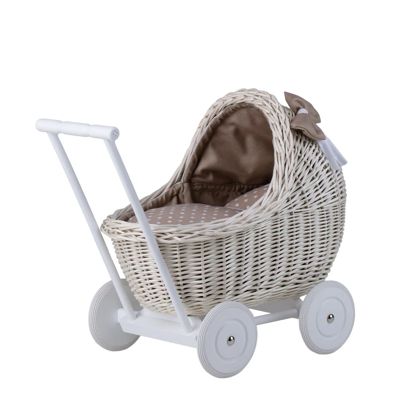 Lili wicker doll stroller with beige trim, blanket, and pillow TheWickerStories