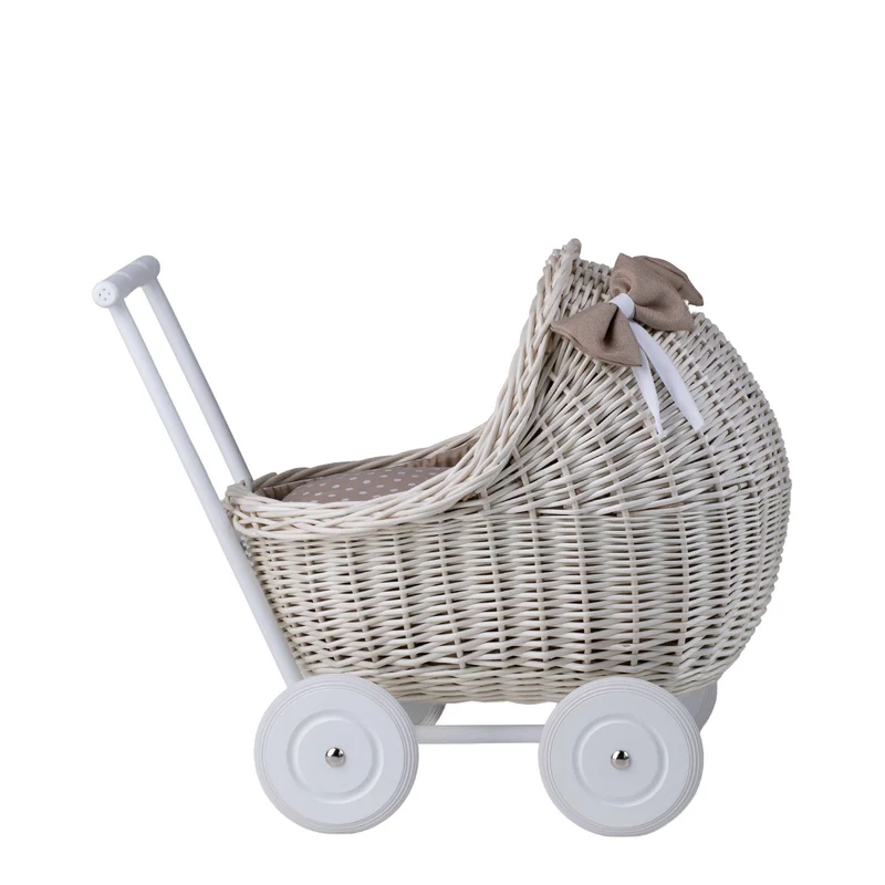 Lili wicker doll stroller with beige trim, blanket, and pillow TheWickerStories