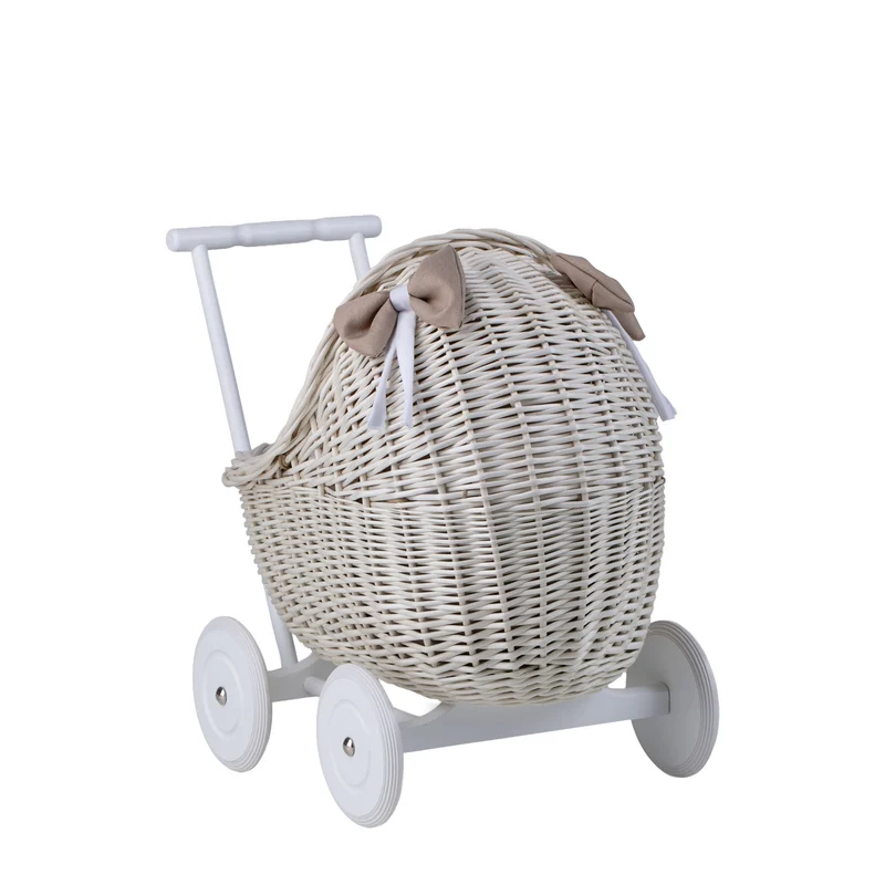 Lili wicker doll stroller with beige trim, blanket, and pillow TheWickerStories