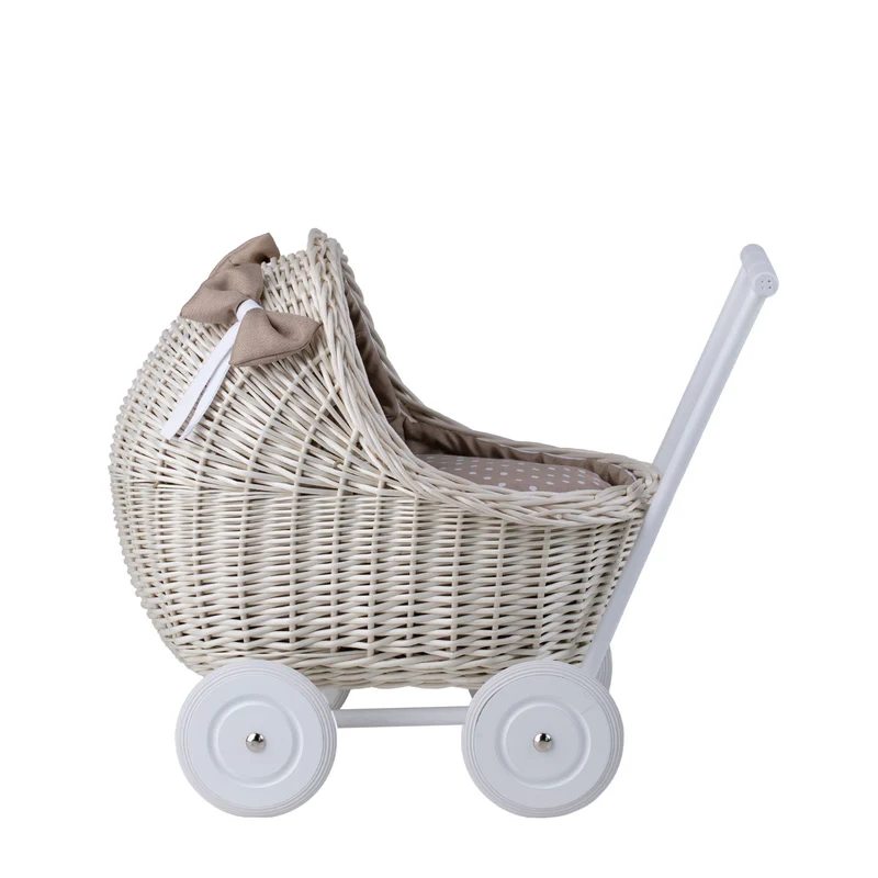 Lili wicker doll stroller with beige trim, blanket, and pillow TheWickerStories