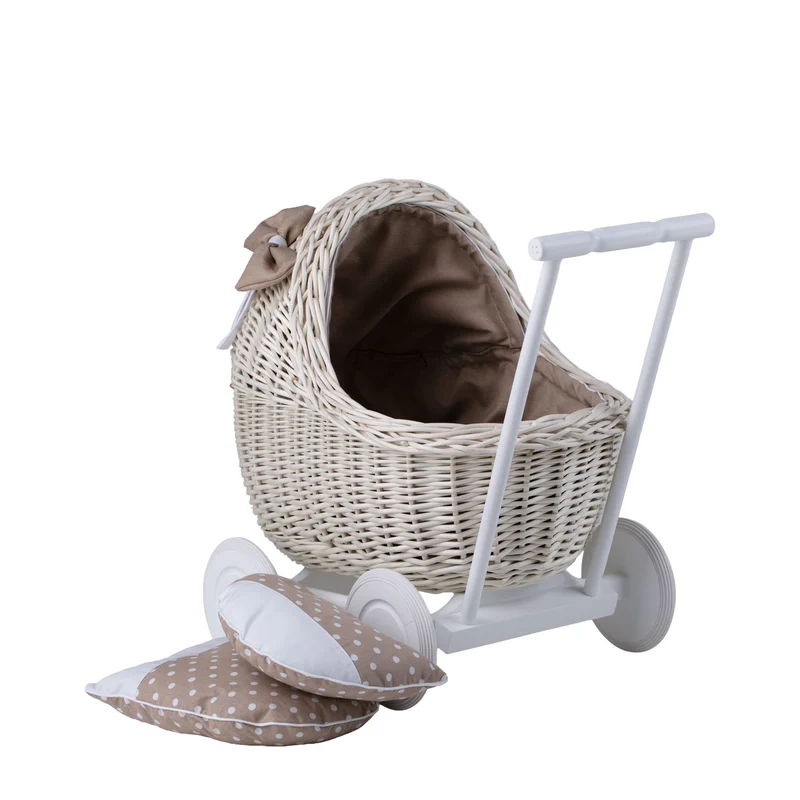 Lili wicker doll stroller with beige trim, blanket, and pillow TheWickerStories