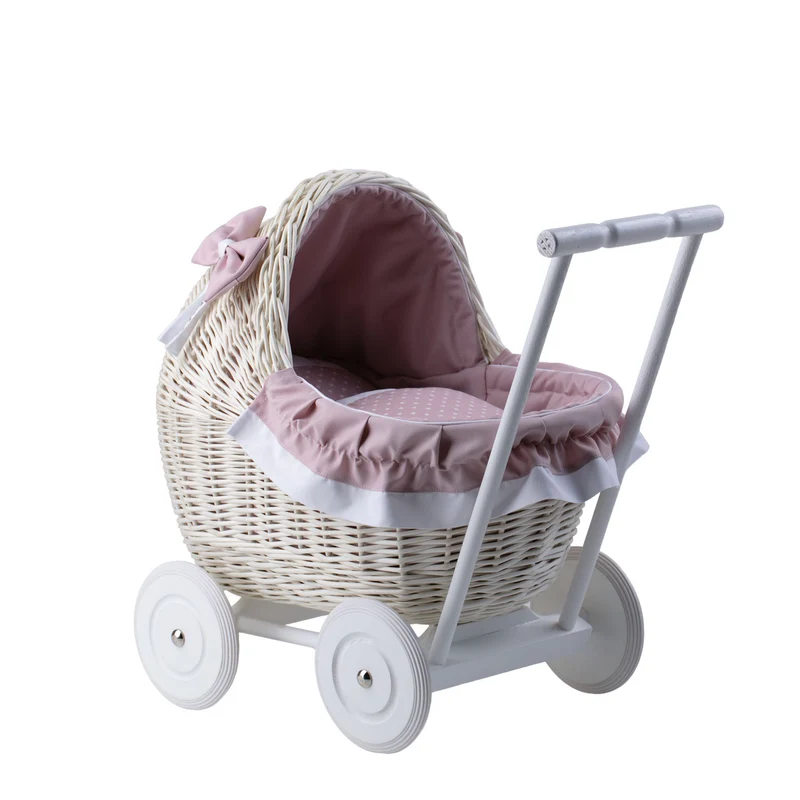 Lili wicker doll stroller with pink trim, blanket, and pillow TheWickerStories