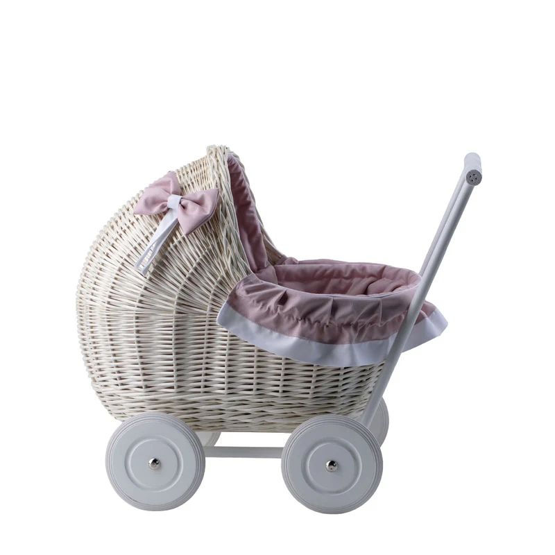 Lili wicker doll stroller with pink trim, blanket, and pillow TheWickerStories