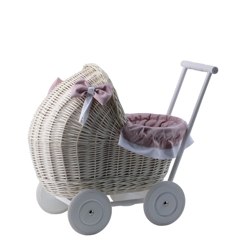 Lili wicker doll stroller with pink trim, blanket, and pillow TheWickerStories