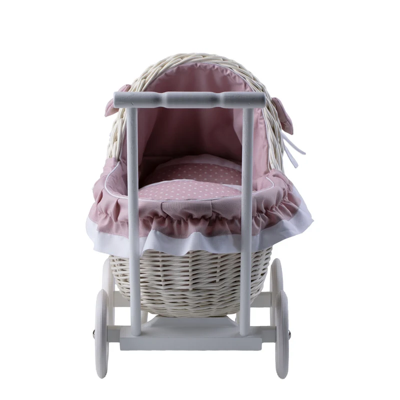 Lili wicker doll stroller with pink trim, blanket, and pillow TheWickerStories